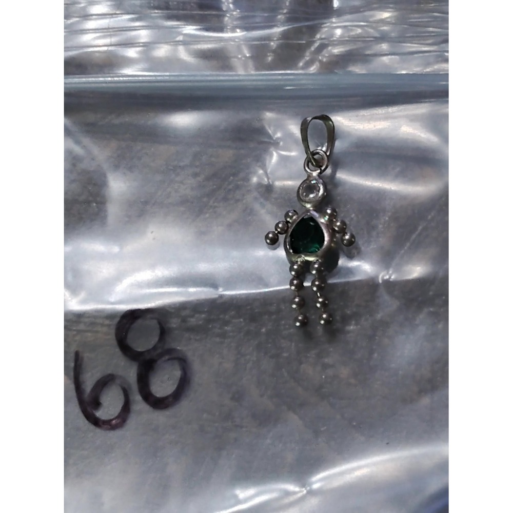 Vintage Articulated Stick Figure Pendant Green Crystal Silver Tone Charm